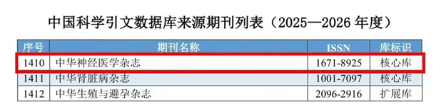 恭喜！《中华神经医学杂志》入选2025-2026年度CSCD核心库