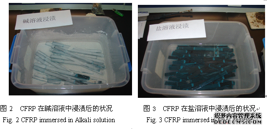 CFRP在碱、盐溶液中浸渍后的状况