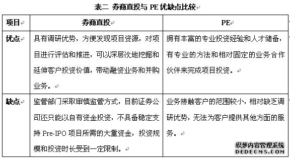 券商直投与PE优缺点比较